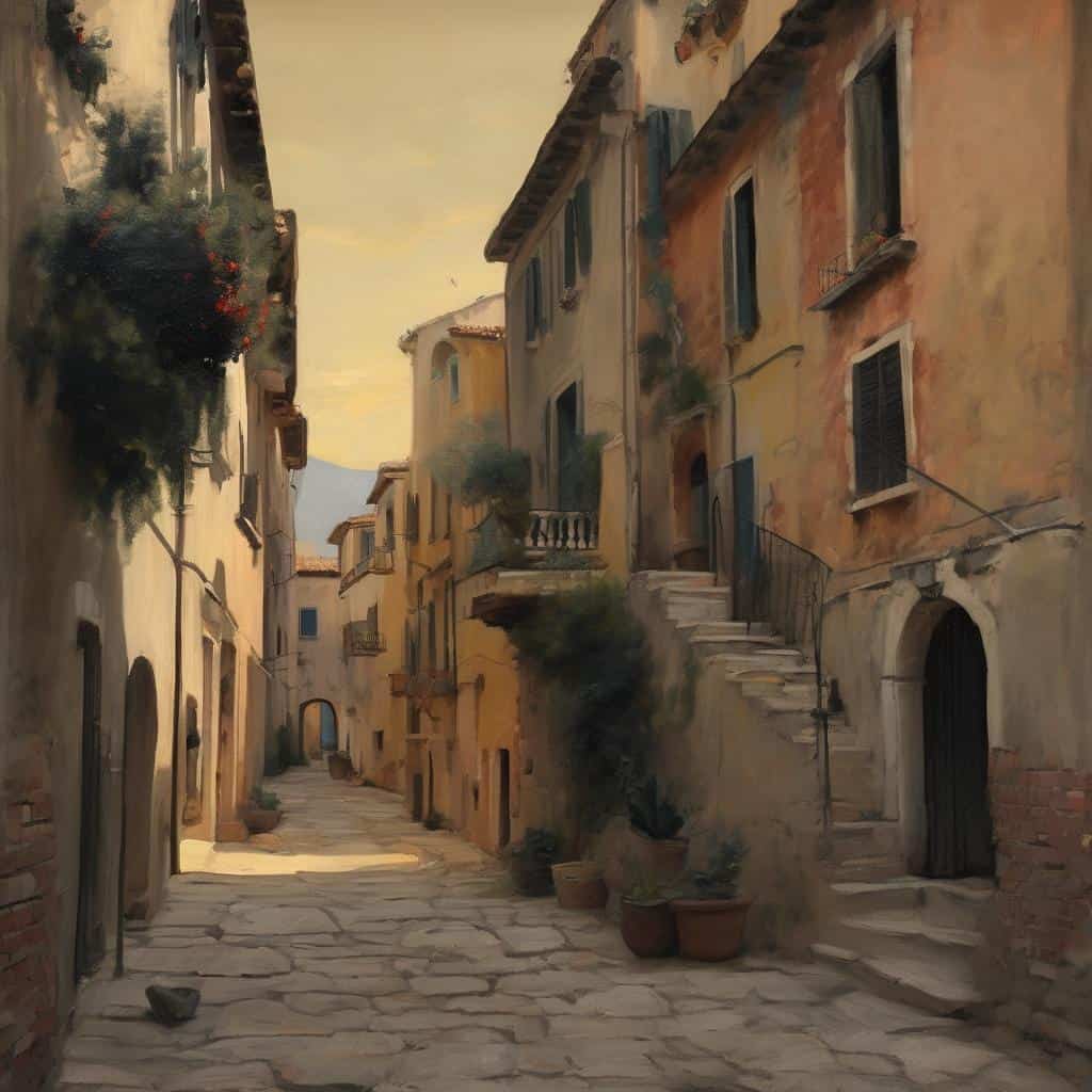 Παλιό παραδοσιακό χωριό με πολύχρωμα κτίρια και πλακόστρωτο δρομάκι, τέχνη και τεχνολογία στην αρχιτεκτονική.