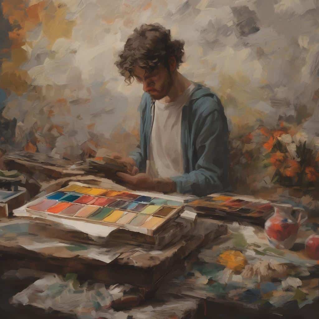 Μοντέρνος καλλιτέχνης διαβάζει και ερευνά χρωματικές παλέτες σε καμβά, συνδυάζοντας τέχνη και τεχνολογία σε δημιουργική πρόοδο.