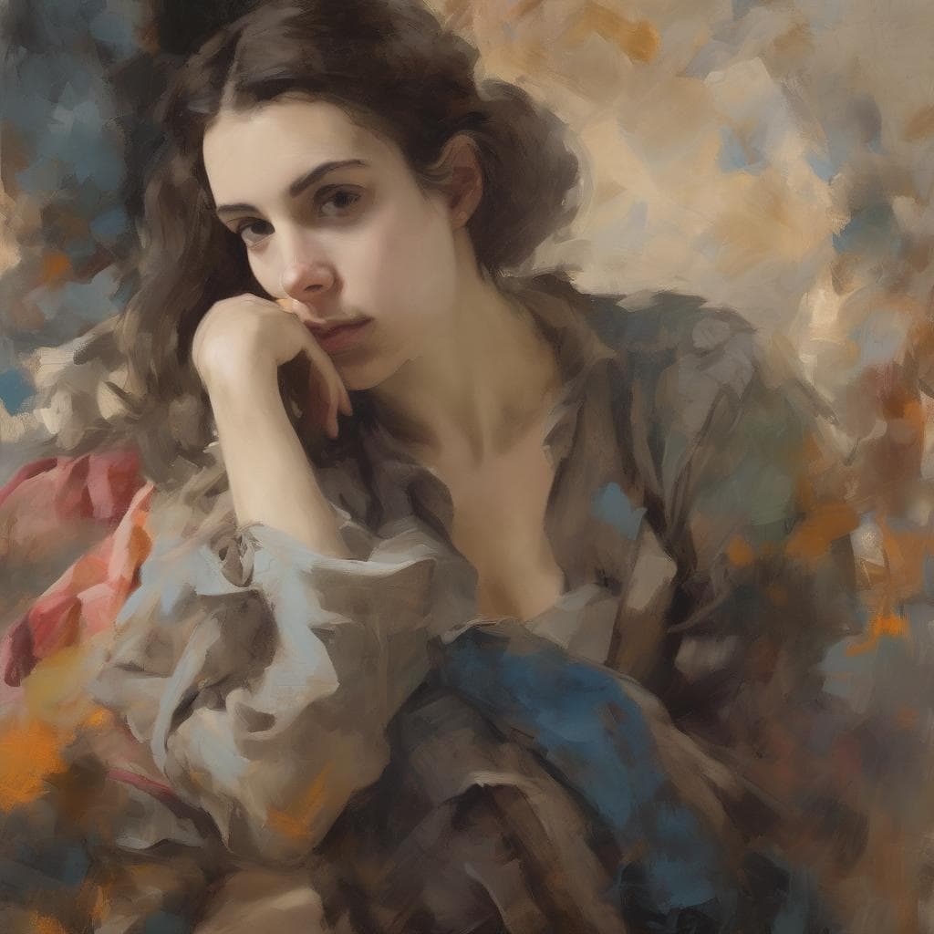 Φωτογραφία πορτρέτου νεαρής γυναίκας με ρεαλιστικό και καλλιτεχνικό ύφος, σε ζεστό και αρμονικό περιβάλλον.