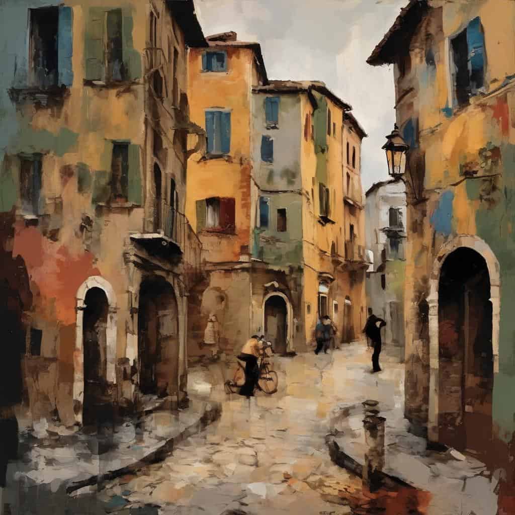 Λιθανάκης, παλιά πόλη, παραδοσιακά κτίρια, πλακόστρωτος δρόμος, καλλιτεχνικό τοπίο, καφέ, περαστικοί, ζωγραφική, τέχνη και τεχνολογία, καινοτομίες και προοπτικές.